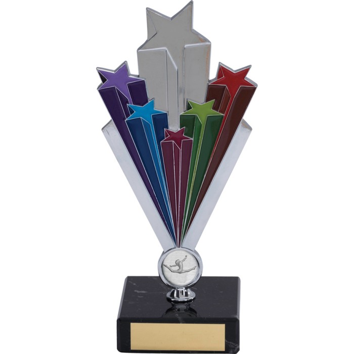 SILVER GYMNASTICS TROPHY WITH STARBURST DESIGN- CHOICE OF CENTRE - 7''